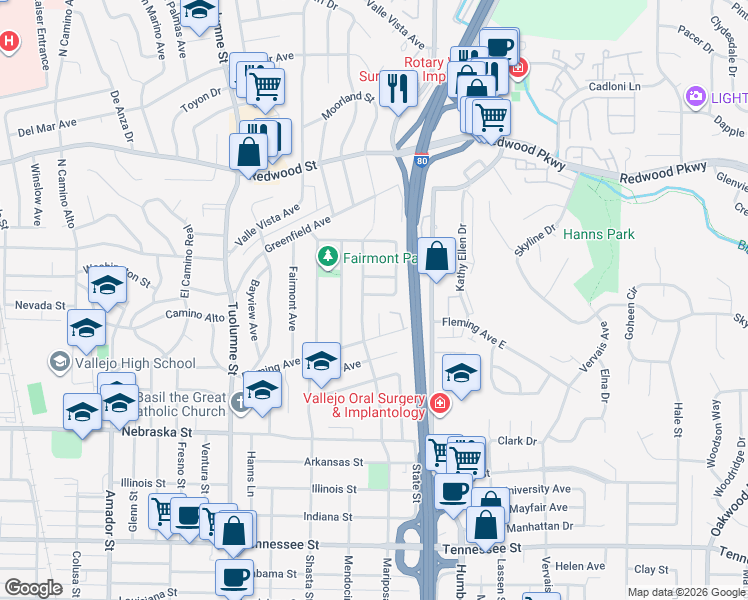 map of restaurants, bars, coffee shops, grocery stores, and more near 1407 Minahan Way in Vallejo