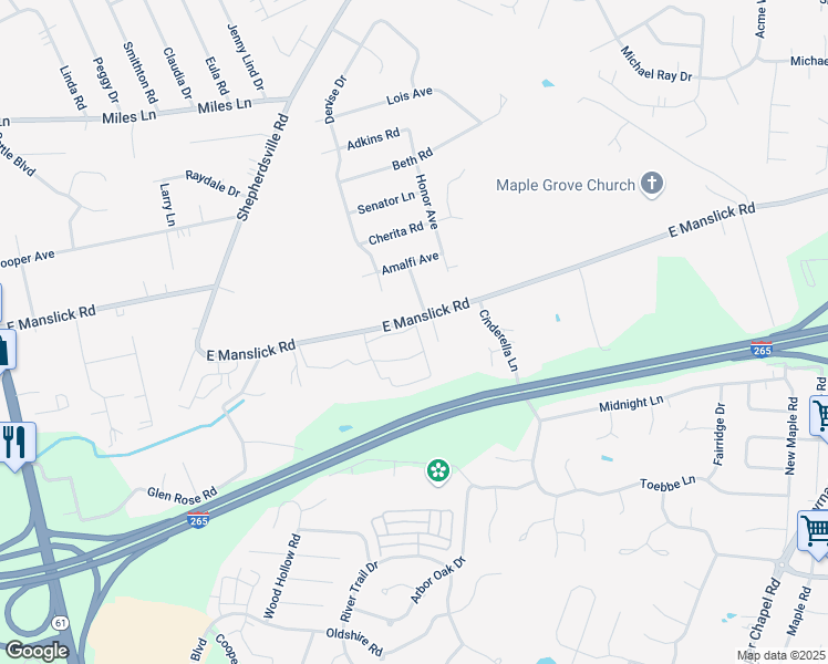 map of restaurants, bars, coffee shops, grocery stores, and more near 9100 Coventry Lane in Louisville