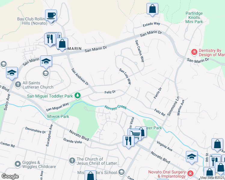 map of restaurants, bars, coffee shops, grocery stores, and more near 2142 Feliz Drive in Novato