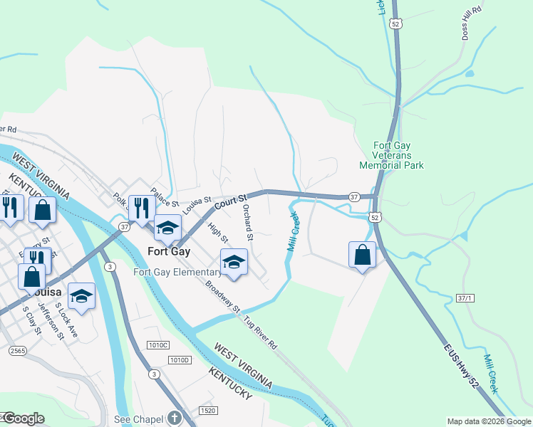map of restaurants, bars, coffee shops, grocery stores, and more near 74 Pauley Court in Fort Gay