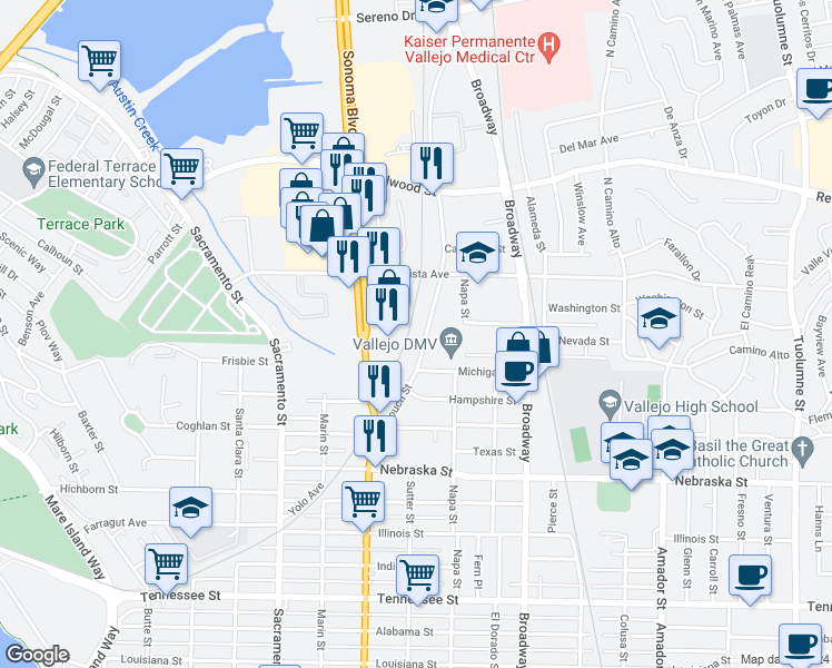 map of restaurants, bars, coffee shops, grocery stores, and more near 231 Couch Street in Vallejo