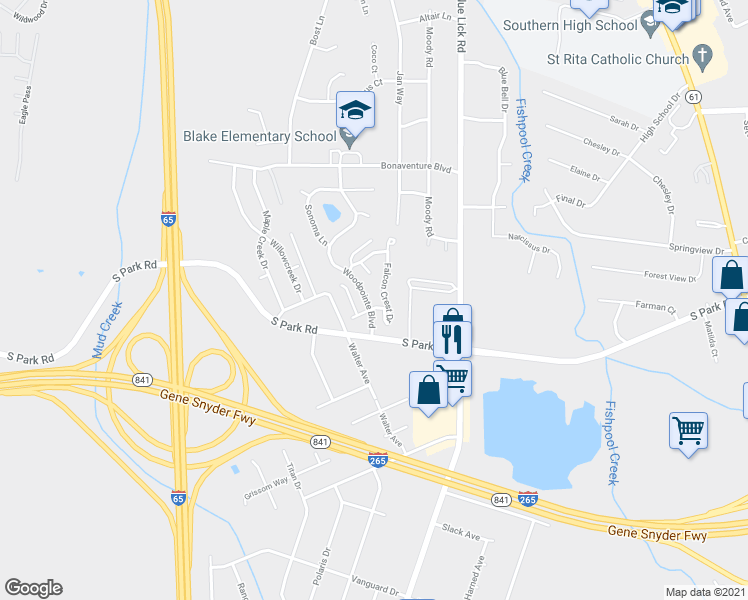 map of restaurants, bars, coffee shops, grocery stores, and more near 3707 Falcon Crest Drive in Louisville