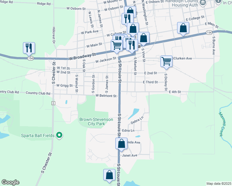 map of restaurants, bars, coffee shops, grocery stores, and more near 517 South Saint Louis Street in Sparta