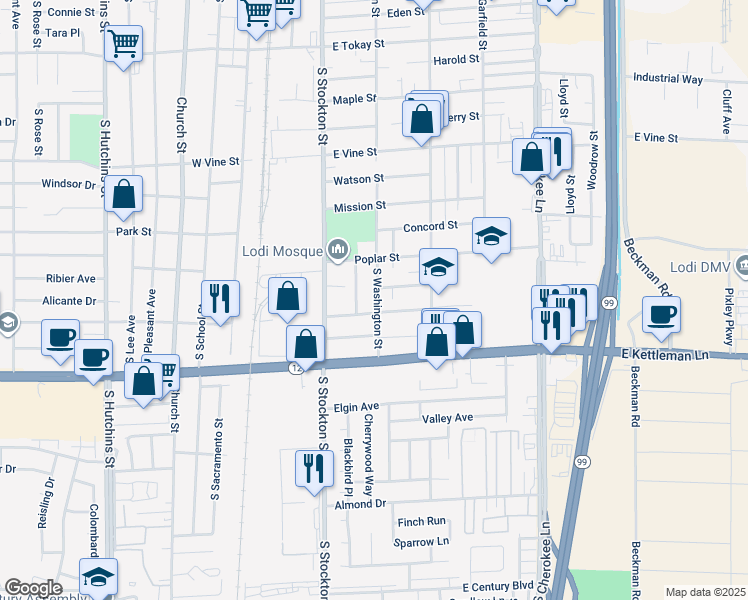 map of restaurants, bars, coffee shops, grocery stores, and more near 1233 South Washington Street in Lodi