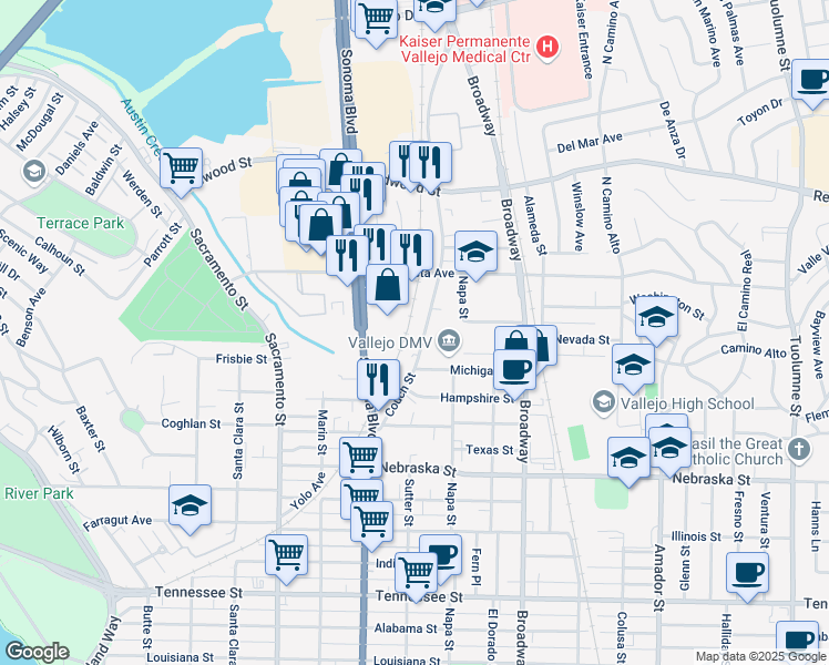 map of restaurants, bars, coffee shops, grocery stores, and more near 231 Couch Street in Vallejo