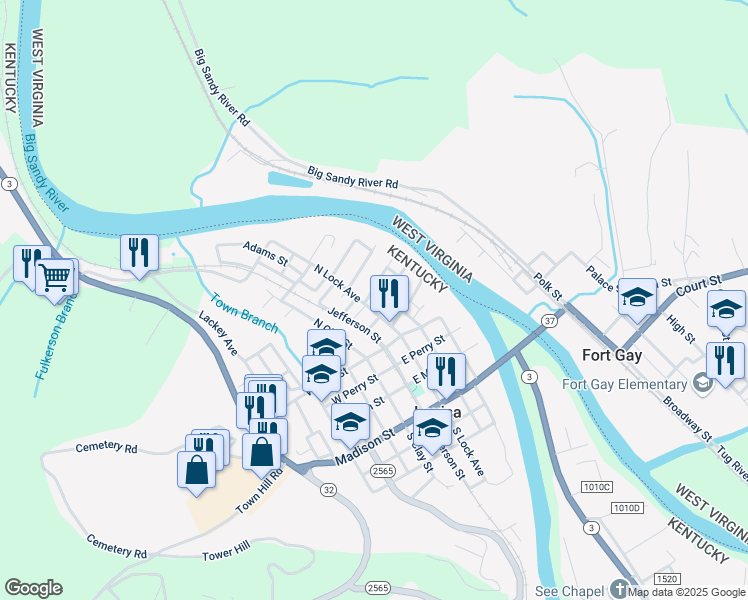 map of restaurants, bars, coffee shops, grocery stores, and more near 421-427 North Lock Avenue in Louisa