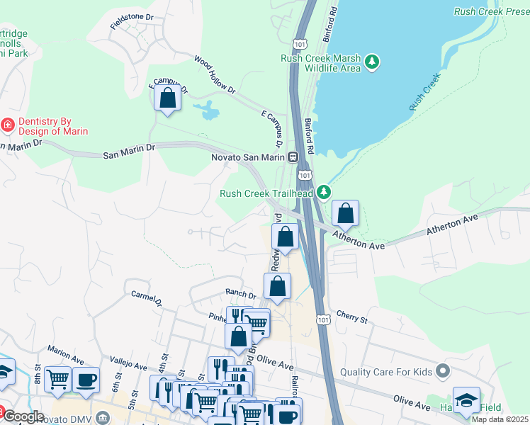 map of restaurants, bars, coffee shops, grocery stores, and more near 224 Escallonia Drive in Novato