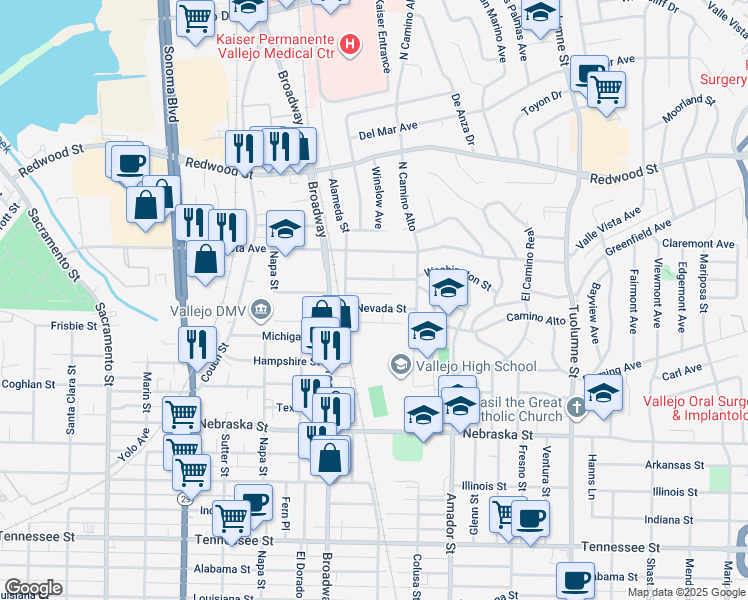 map of restaurants, bars, coffee shops, grocery stores, and more near 338 Nevada Street in Vallejo