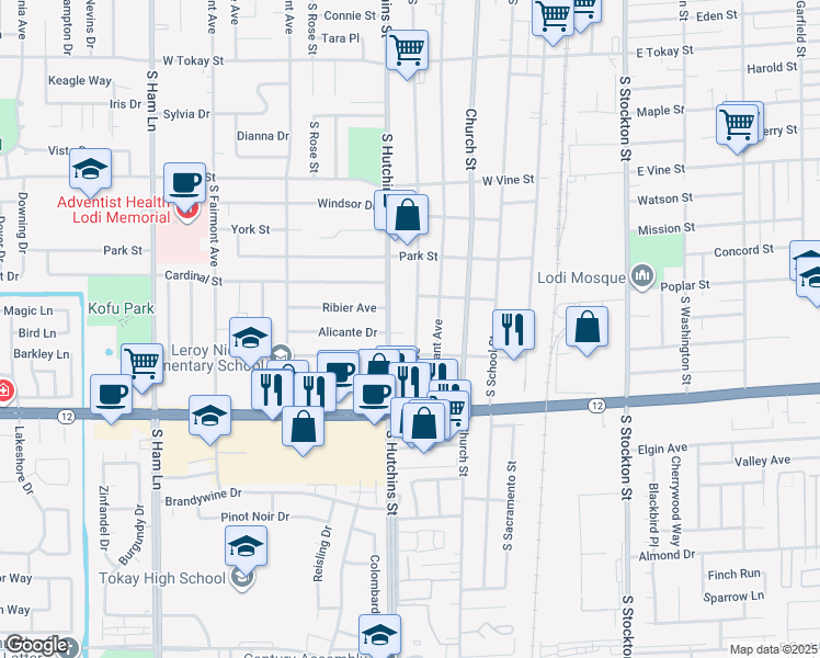 map of restaurants, bars, coffee shops, grocery stores, and more near 1225 South Lee Avenue in Lodi