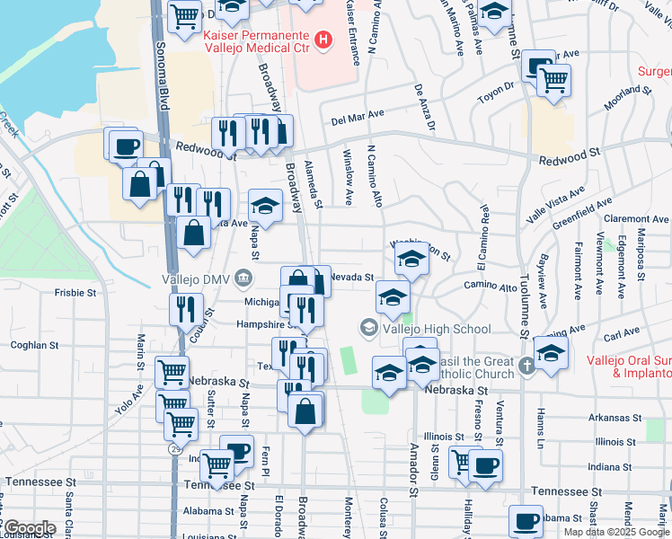 map of restaurants, bars, coffee shops, grocery stores, and more near 338 Nevada St in Vallejo