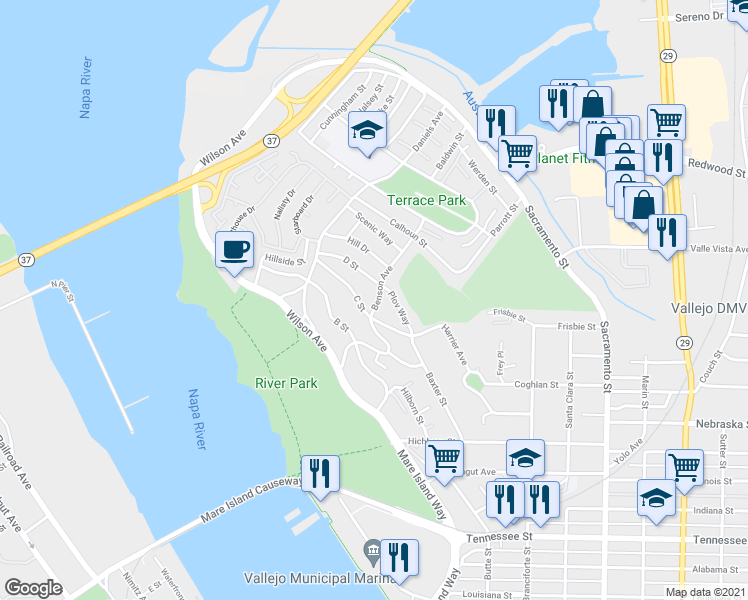map of restaurants, bars, coffee shops, grocery stores, and more near 207 Benson Avenue in Vallejo