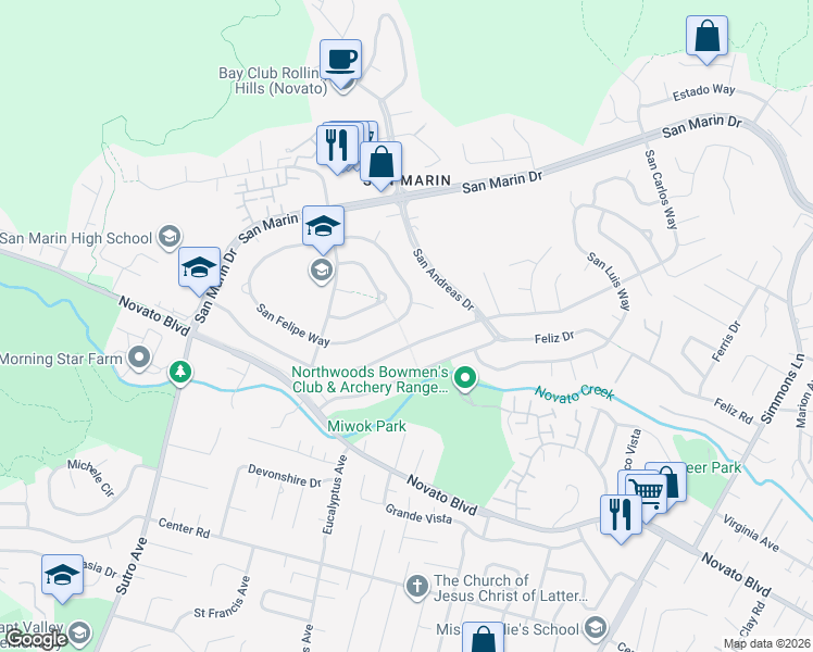 map of restaurants, bars, coffee shops, grocery stores, and more near 155 San Carlos Way in Novato