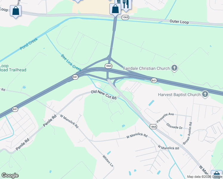 map of restaurants, bars, coffee shops, grocery stores, and more near 6401 Old New Cut Road in Louisville