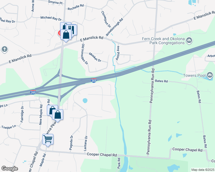 map of restaurants, bars, coffee shops, grocery stores, and more near 9012 John Paul Court in Louisville