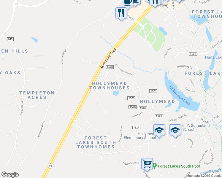 map of restaurants, bars, coffee shops, grocery stores, and more near 1055 Somer Chase Court in Charlottesville