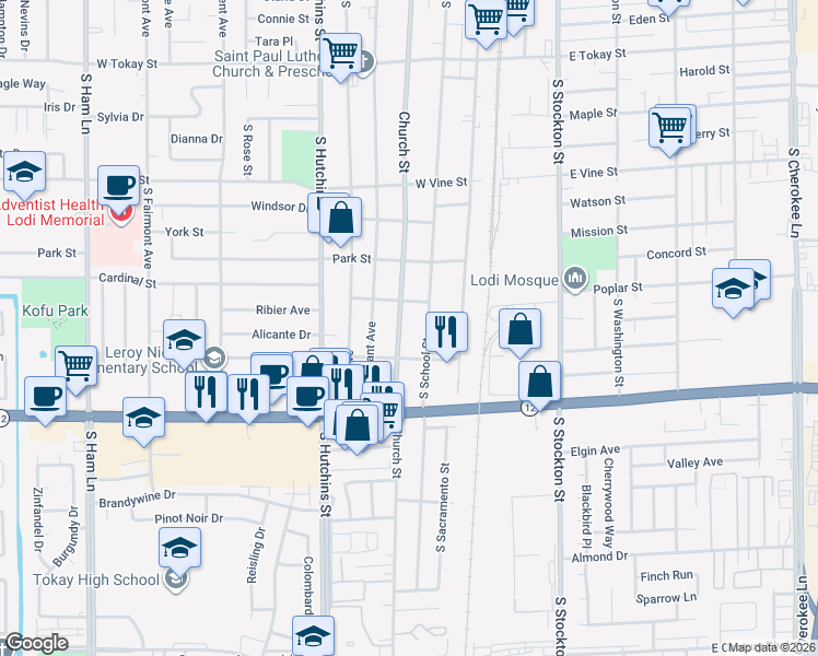 map of restaurants, bars, coffee shops, grocery stores, and more near Church Street in Lodi
