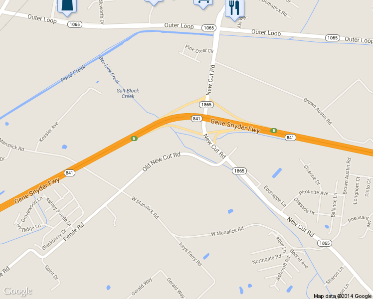 map of restaurants, bars, coffee shops, grocery stores, and more near 6502 Old New Cut Road in Louisville