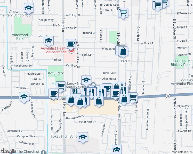 map of restaurants, bars, coffee shops, grocery stores, and more near 716 Alicante Drive in Lodi