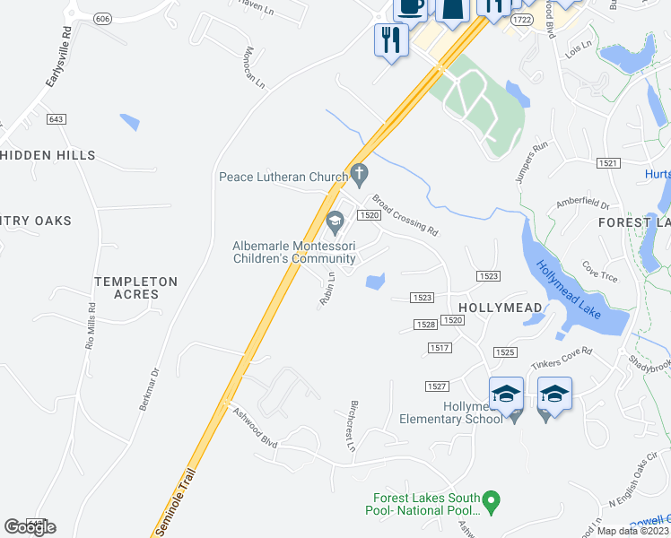 map of restaurants, bars, coffee shops, grocery stores, and more near 1119 Somer Chase Court in Charlottesville