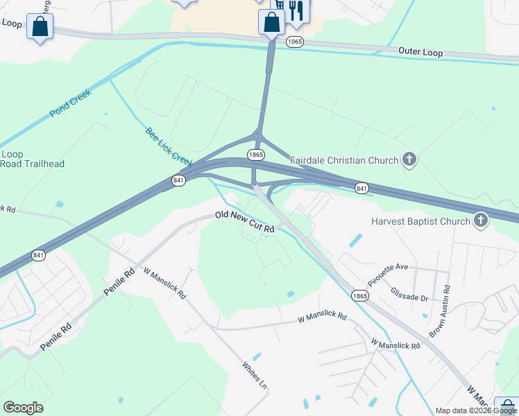 map of restaurants, bars, coffee shops, grocery stores, and more near 6401 Old New Cut Road in Louisville