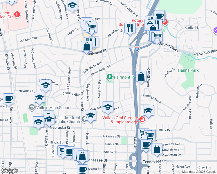 map of restaurants, bars, coffee shops, grocery stores, and more near 192 Viewmont Avenue in Vallejo