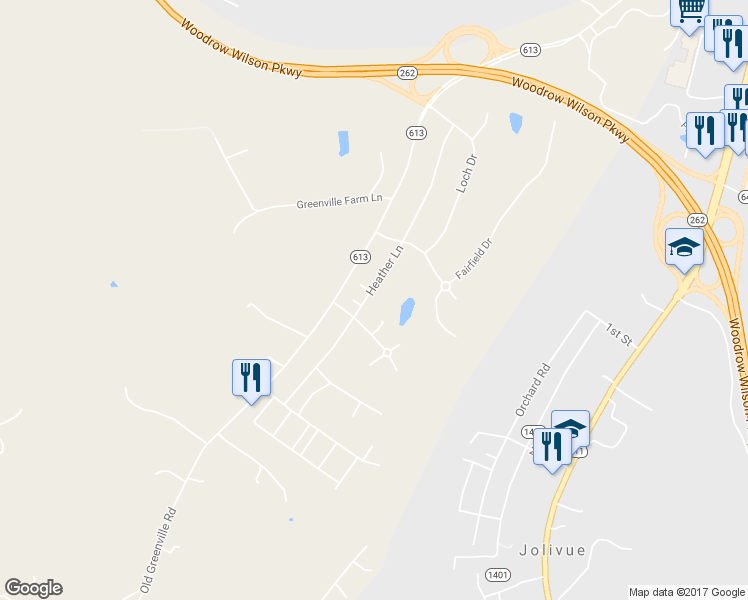 map of restaurants, bars, coffee shops, grocery stores, and more near 182 Heather Lane in Staunton