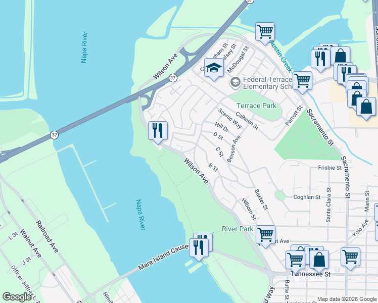 map of restaurants, bars, coffee shops, grocery stores, and more near 38 Daniels Avenue in Vallejo