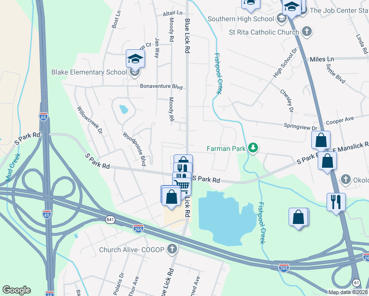 map of restaurants, bars, coffee shops, grocery stores, and more near 9015 Blue Lick Road in Louisville