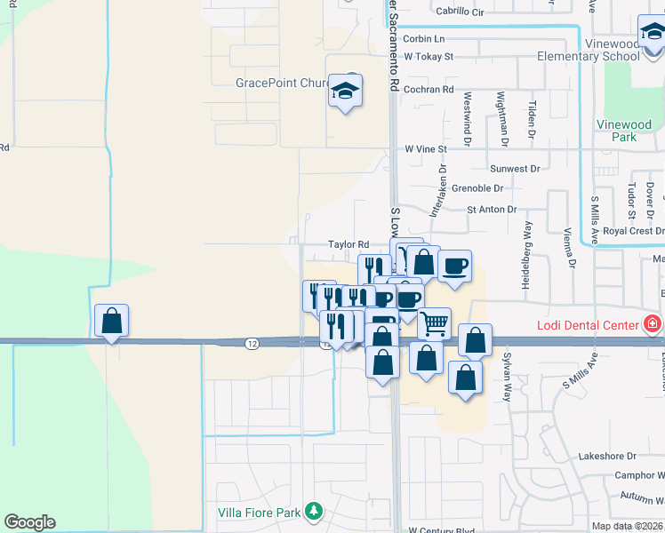 map of restaurants, bars, coffee shops, grocery stores, and more near 2654 Chardonnay Lane in Lodi