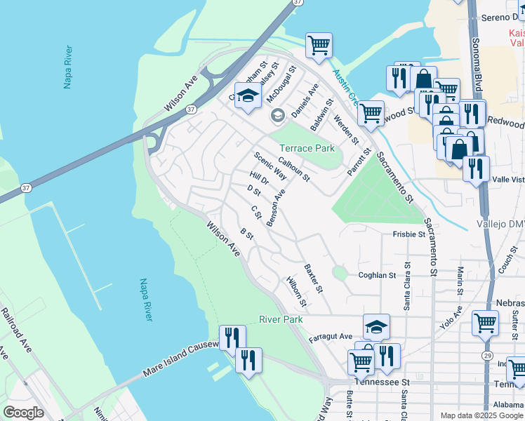 map of restaurants, bars, coffee shops, grocery stores, and more near 207 Benson Avenue in Vallejo
