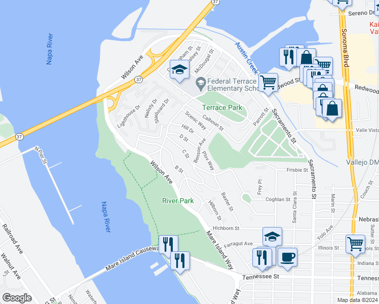 map of restaurants, bars, coffee shops, grocery stores, and more near 207 Benson Avenue in Vallejo