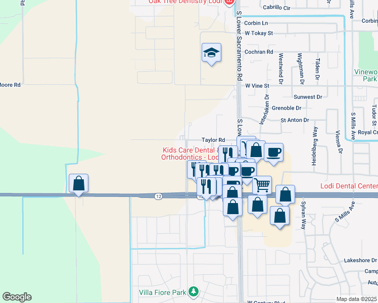 map of restaurants, bars, coffee shops, grocery stores, and more near 1334 Westgate Drive in Lodi