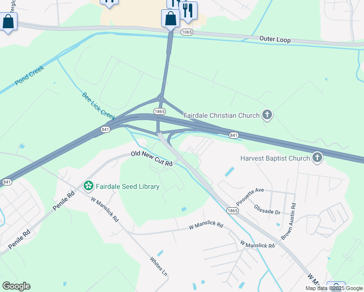 map of restaurants, bars, coffee shops, grocery stores, and more near 6311 New Cut Road in Louisville