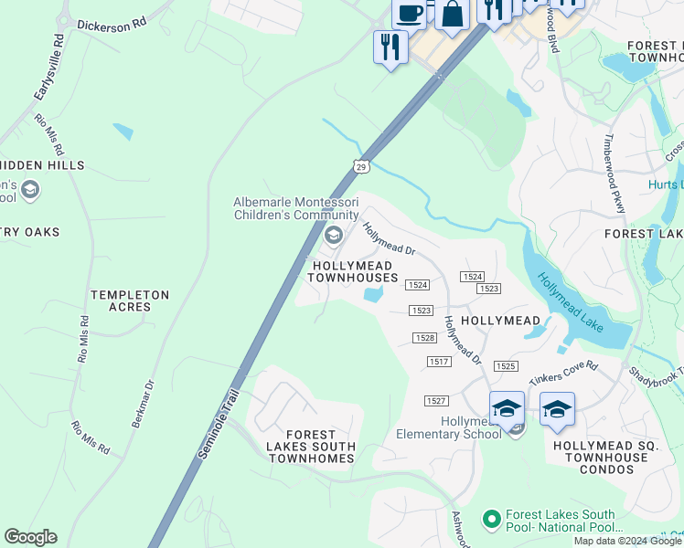 map of restaurants, bars, coffee shops, grocery stores, and more near 1066 Somer Chase Court in Charlottesville