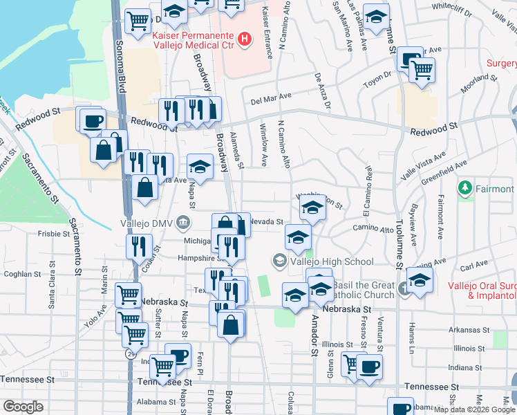 map of restaurants, bars, coffee shops, grocery stores, and more near 338 Nevada Street in Vallejo
