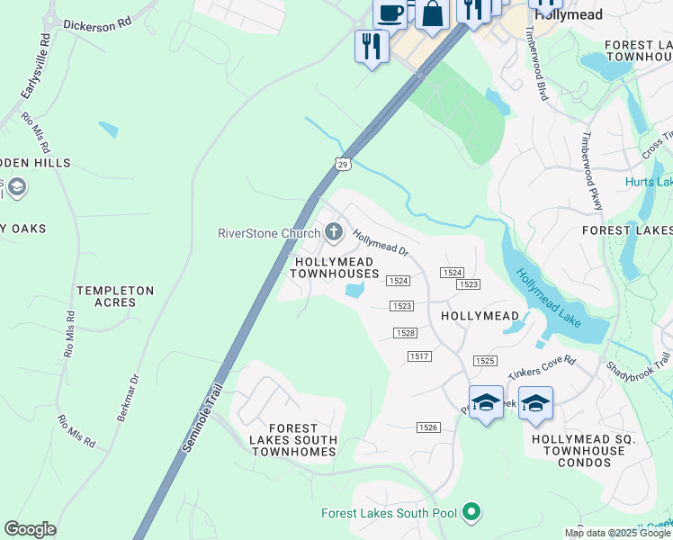 map of restaurants, bars, coffee shops, grocery stores, and more near 1105 Somer Chase Court in Charlottesville