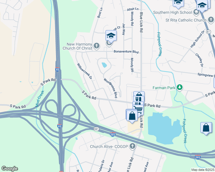 map of restaurants, bars, coffee shops, grocery stores, and more near 8928 Old South Park Road in Louisville
