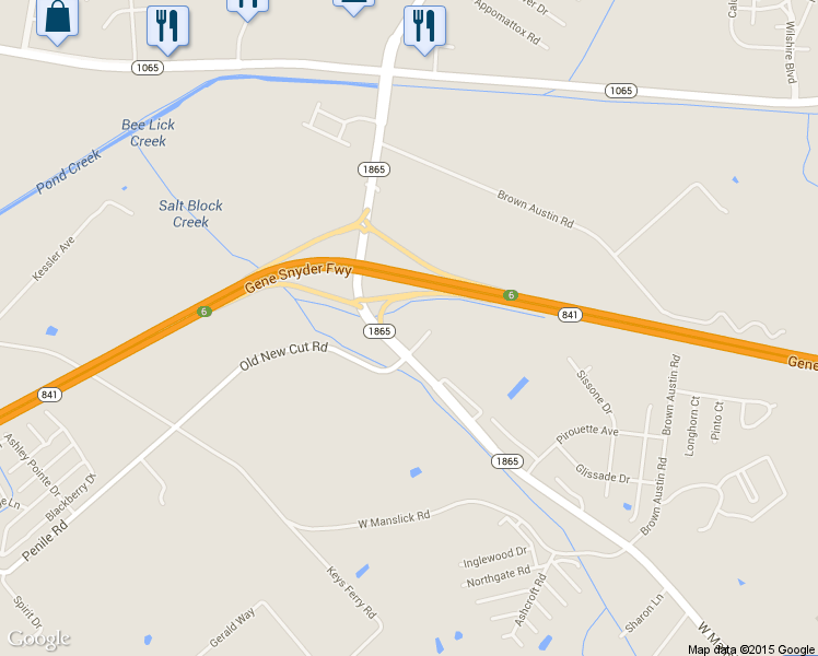 map of restaurants, bars, coffee shops, grocery stores, and more near 6421 New Cut Road in Louisville