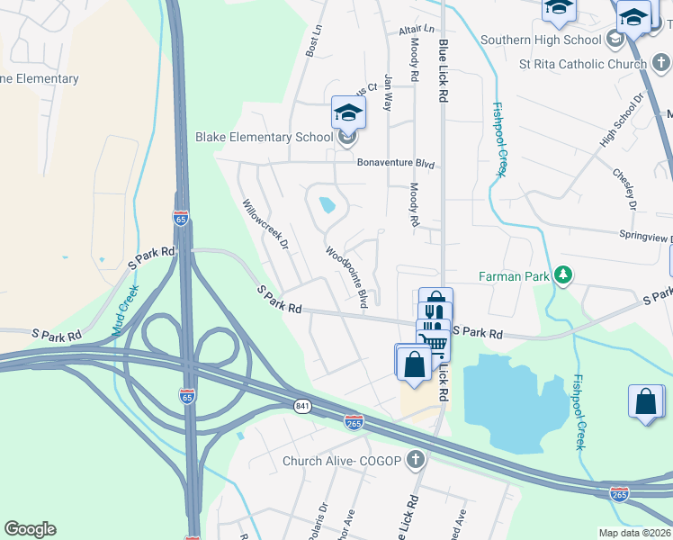 map of restaurants, bars, coffee shops, grocery stores, and more near 8928 Old South Park Road in Louisville
