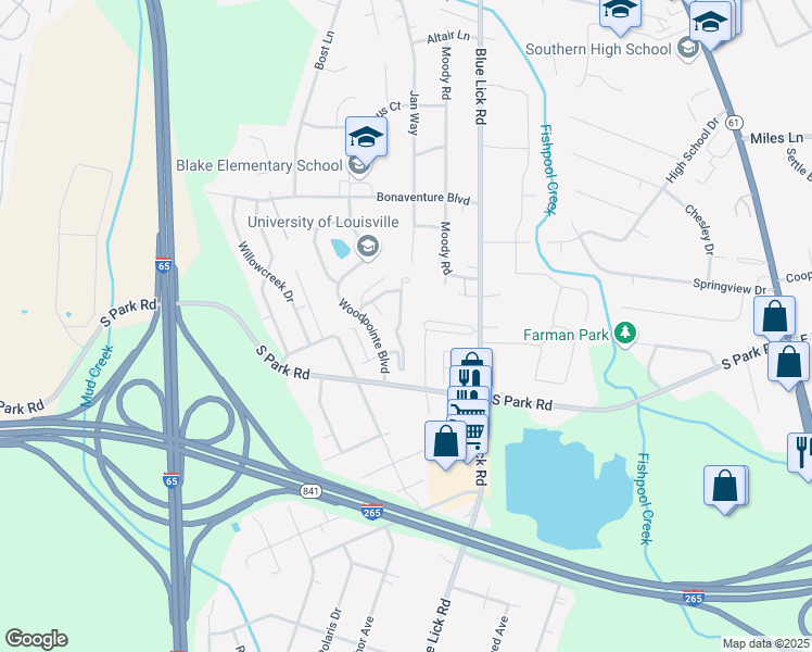 map of restaurants, bars, coffee shops, grocery stores, and more near 3704 Falcon Crest Drive in Louisville