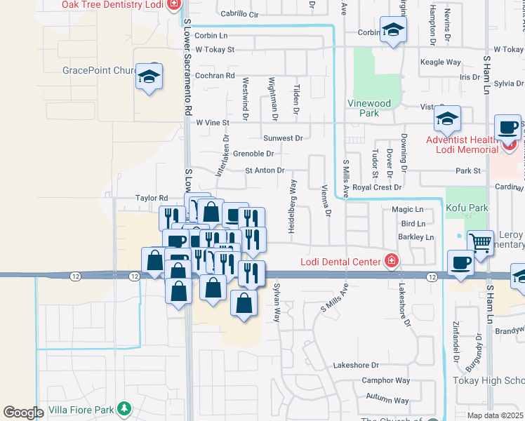 map of restaurants, bars, coffee shops, grocery stores, and more near 2245 Tienda Drive in Lodi