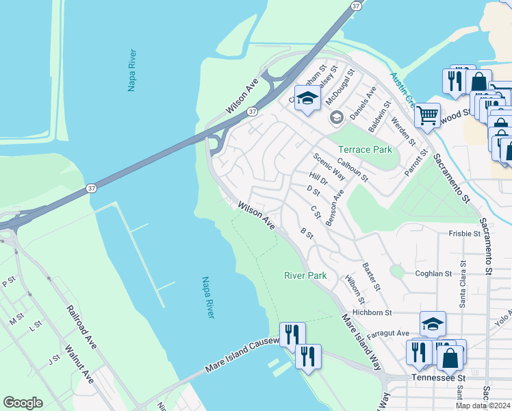 map of restaurants, bars, coffee shops, grocery stores, and more near 700 Wilson Avenue in Vallejo