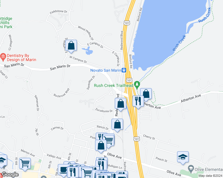 map of restaurants, bars, coffee shops, grocery stores, and more near 224 Escallonia Drive in Novato