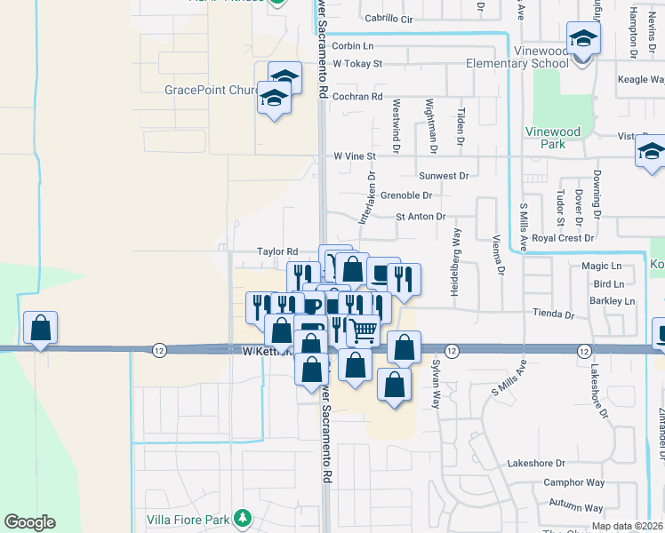 map of restaurants, bars, coffee shops, grocery stores, and more near in Lodi
