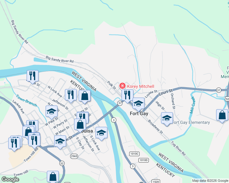 map of restaurants, bars, coffee shops, grocery stores, and more near 34 Cass St in Fort Gay
