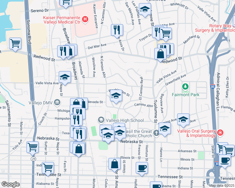 map of restaurants, bars, coffee shops, grocery stores, and more near 110 El Verano in Vallejo
