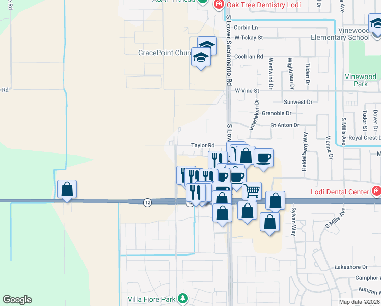 map of restaurants, bars, coffee shops, grocery stores, and more near 2654 Chardonnay Lane in Lodi