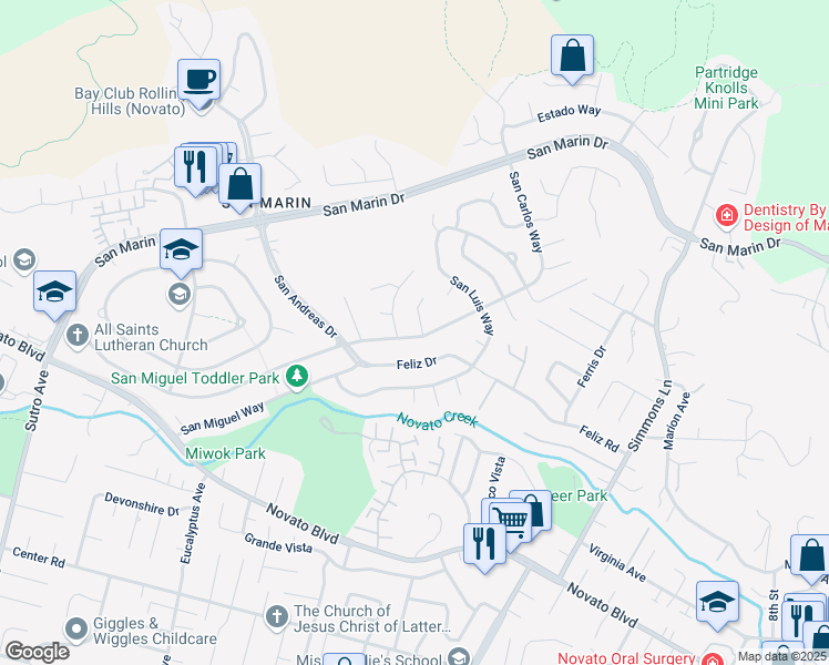 map of restaurants, bars, coffee shops, grocery stores, and more near 2142 Feliz Drive in Novato