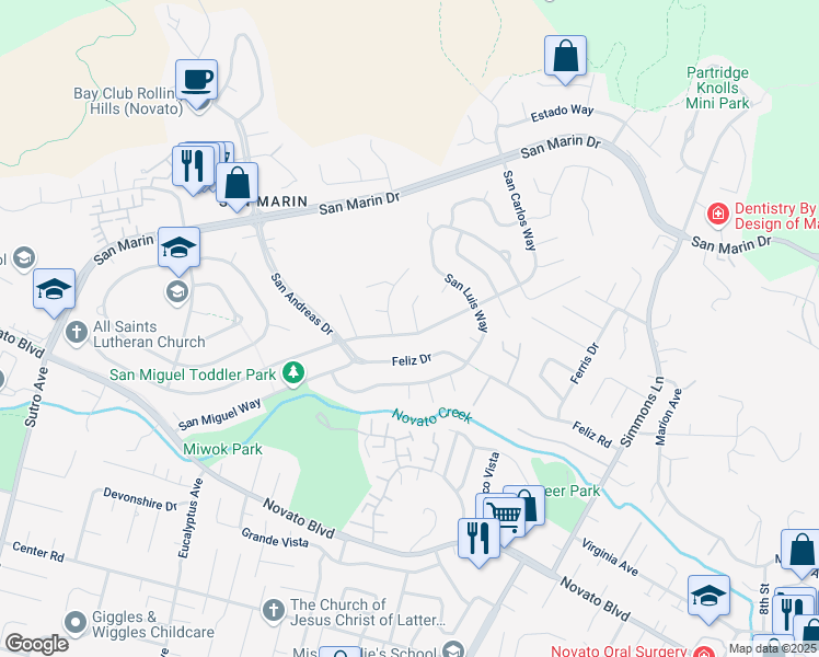 map of restaurants, bars, coffee shops, grocery stores, and more near 2142 Feliz Drive in Novato