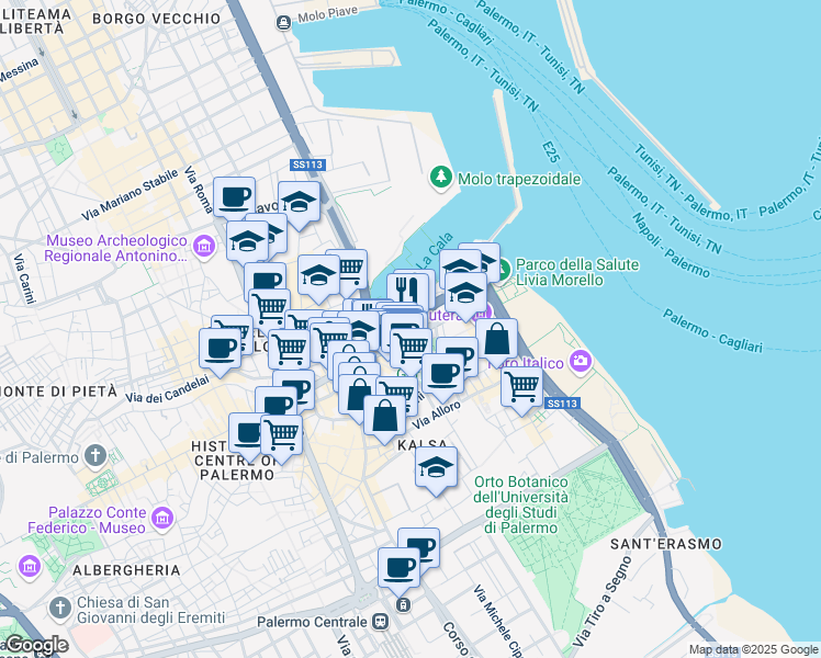map of restaurants, bars, coffee shops, grocery stores, and more near 60 Via Cala in Palermo